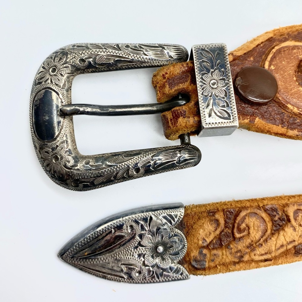 -sold- Vintage John McCabe Sterling Etched Floral Ranger Western Leather Belt